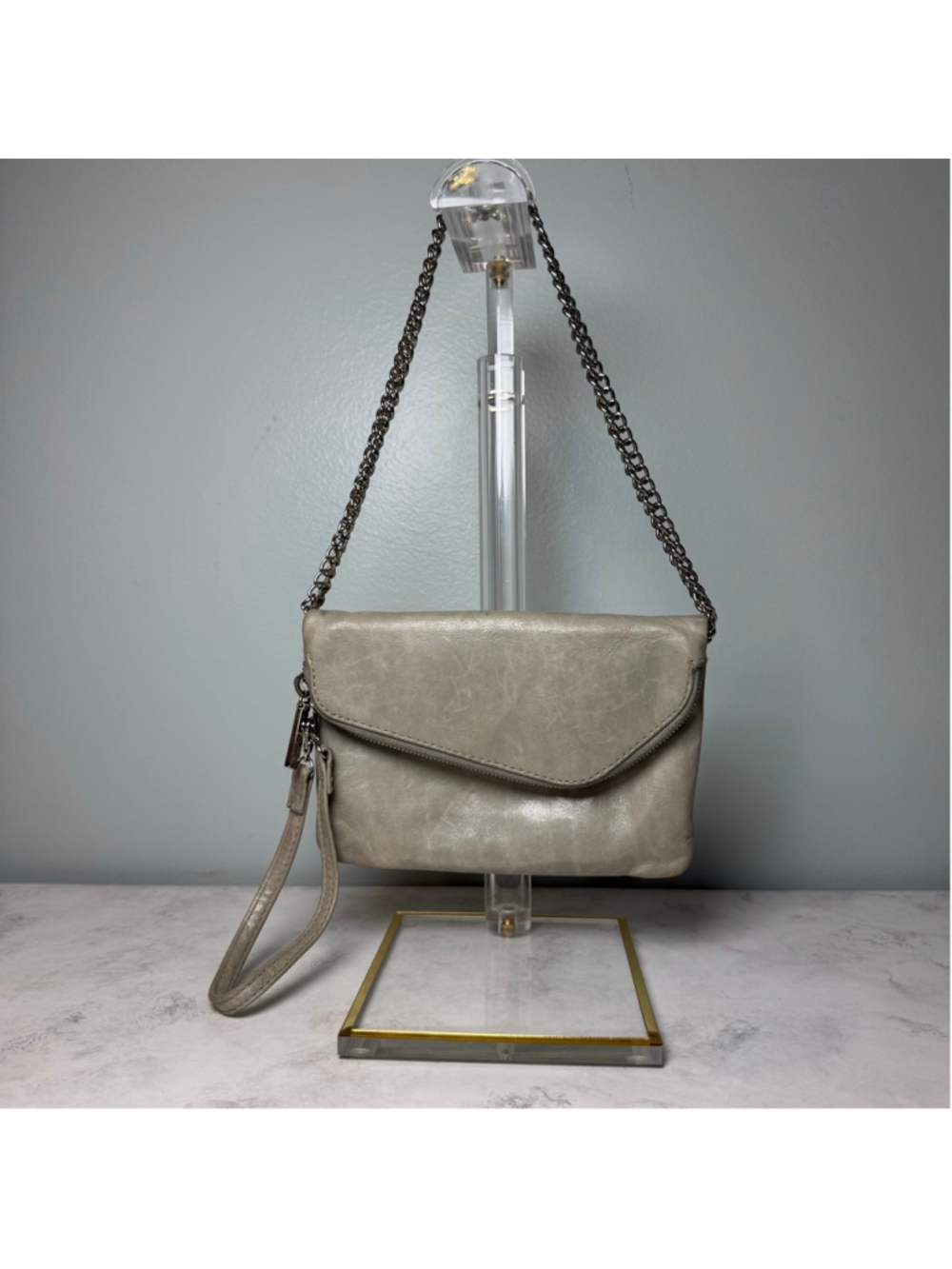 Women's Hobo Daria Leather Shoulder Bag Clutch Small Taupe Silver
